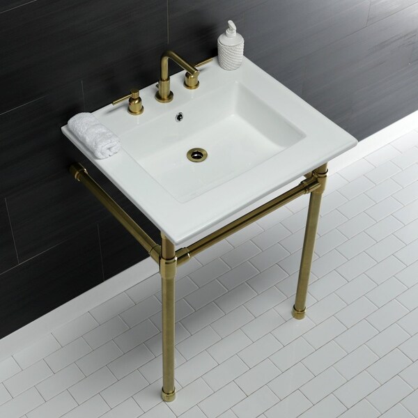 KVPB25227W87 Dreyfuss 25 Console Sink W/SS Leg (8,3 Hole),Wht/Brass